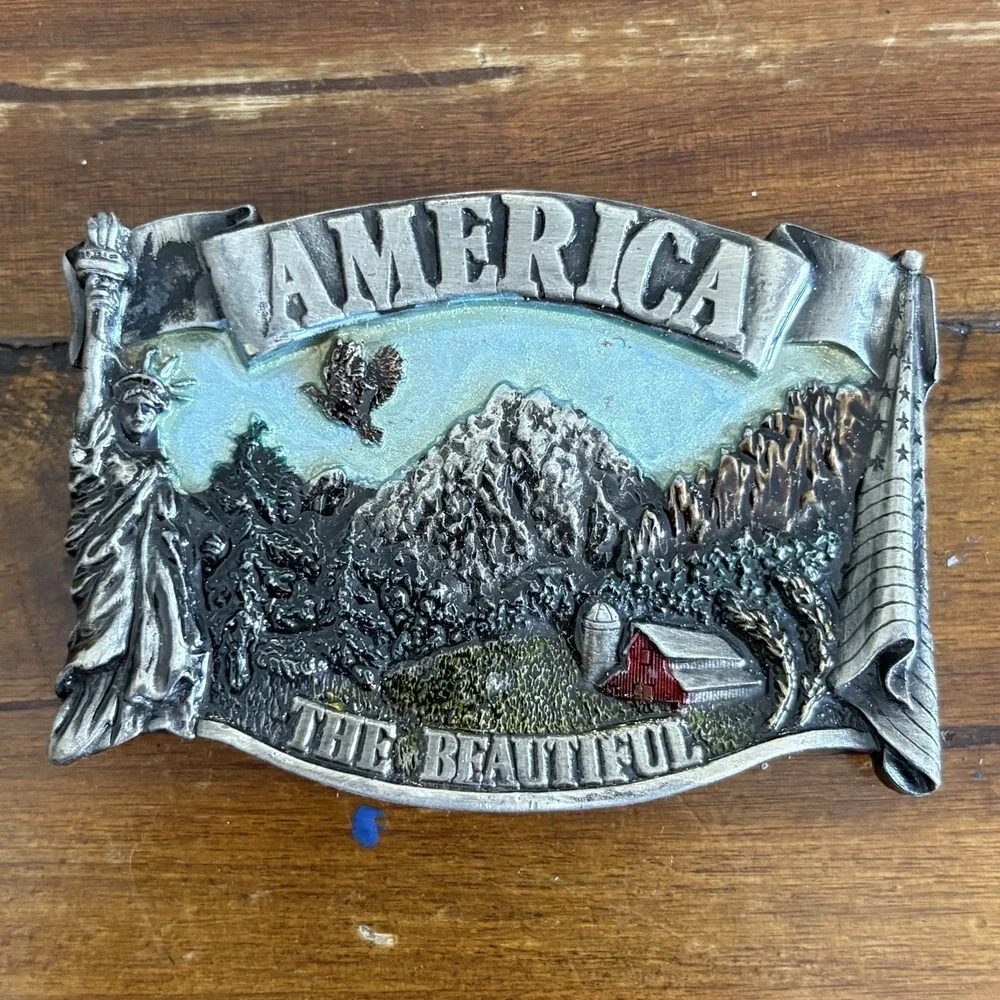 Vintage Bergamot Brass Works 1983 Brass Belt Buckle America The Beautiful Chunky